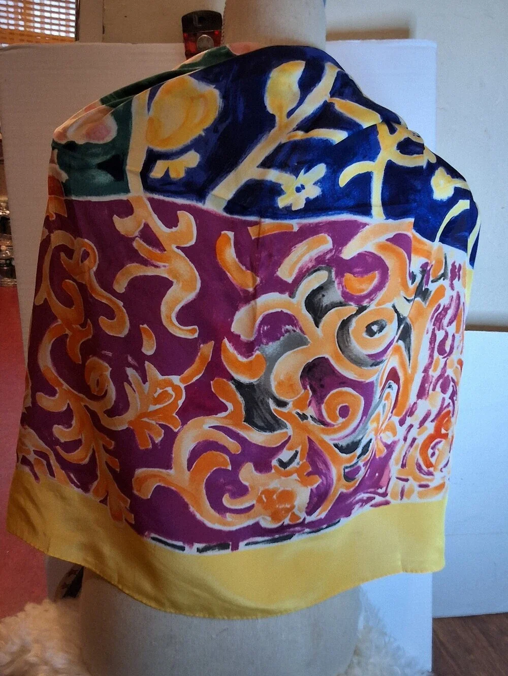 Vintage Silk Feel Scarf Rolled Edge Colorblock Floral Baroque Yellow Border
